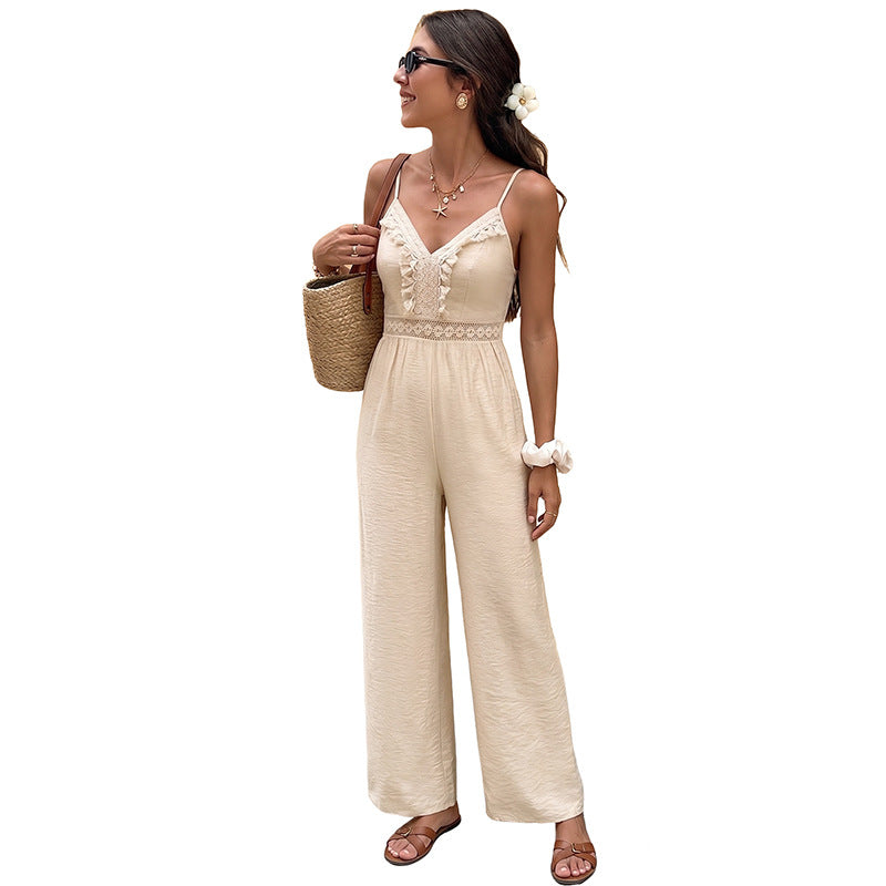 Solid-color Lace Fringed Patchwork Strap Jumpsuit Pants