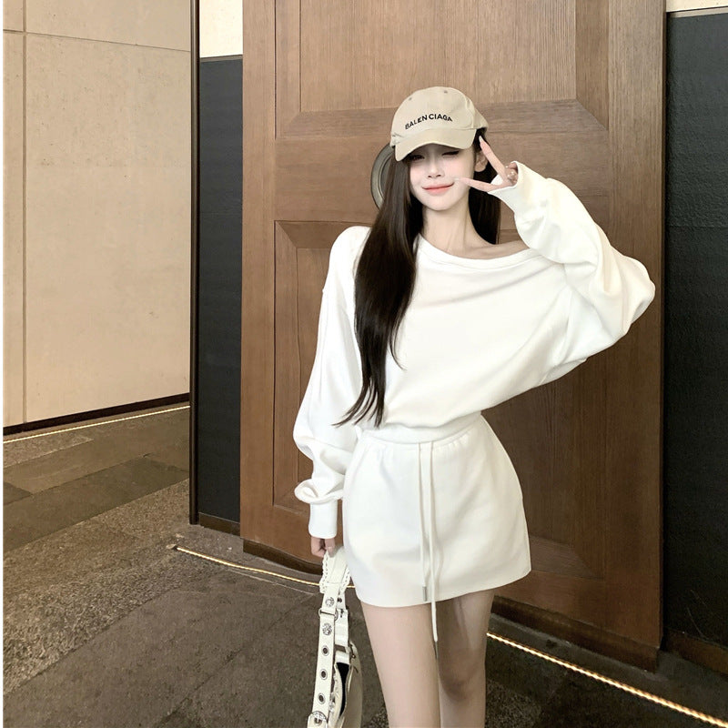 Loose Fitting Casual Off-shoulder Long Sleeve Top And Pleated Midi Skirt Set