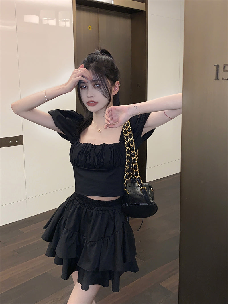 Women's Pure Desire Short Black Square Collar Short Sleeve Shirt
