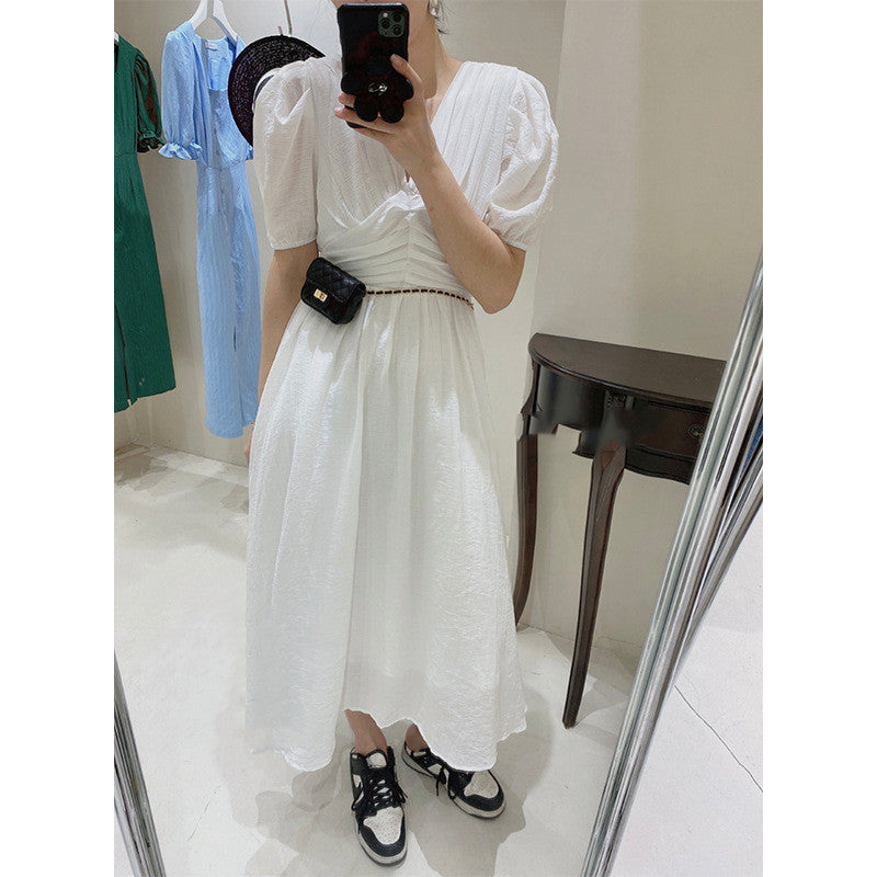 French V-Neck Retro Waisted Solid Color High Waist Dress