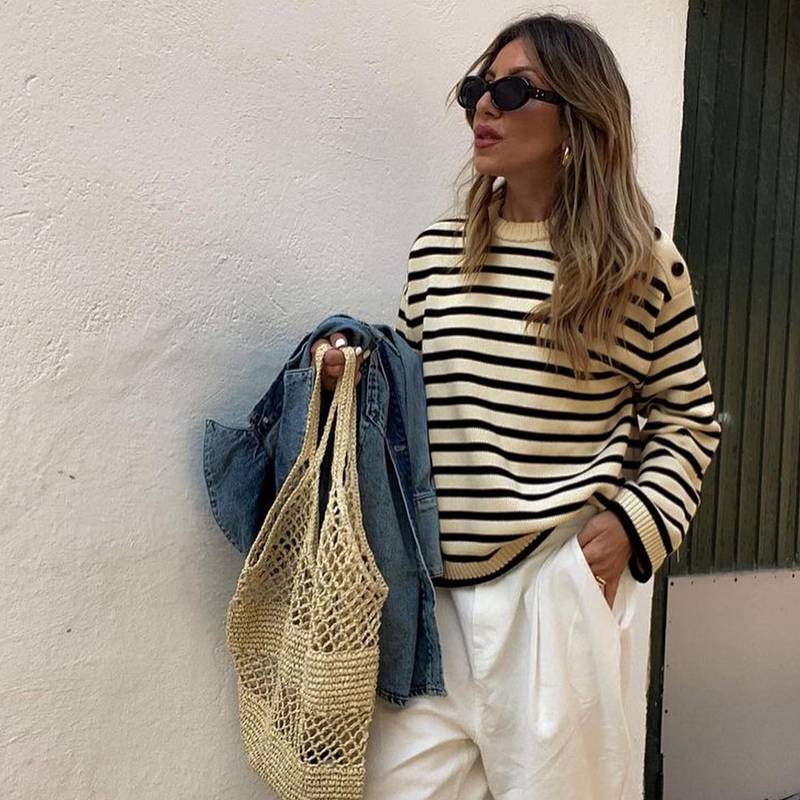 Top Listrado Manga Longa Estilo Crochê