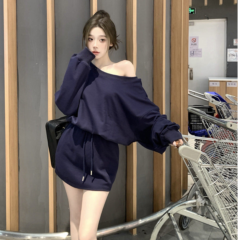 Loose Fitting Casual Off-shoulder Long Sleeve Top And Pleated Midi Skirt Set