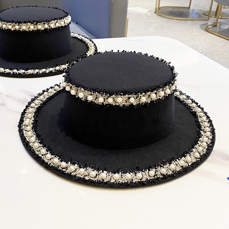 Woolen Hat Women's Flat Pearl Top Hat Bucket Hat