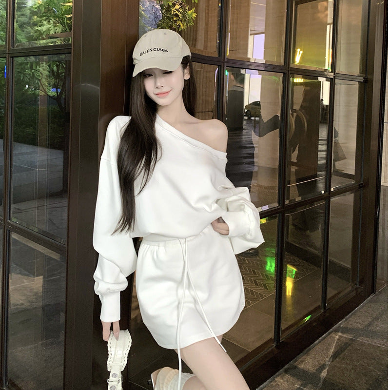 Loose Fitting Casual Off-shoulder Long Sleeve Top And Pleated Midi Skirt Set