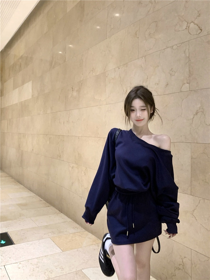 Loose Fitting Casual Off-shoulder Long Sleeve Top And Pleated Midi Skirt Set