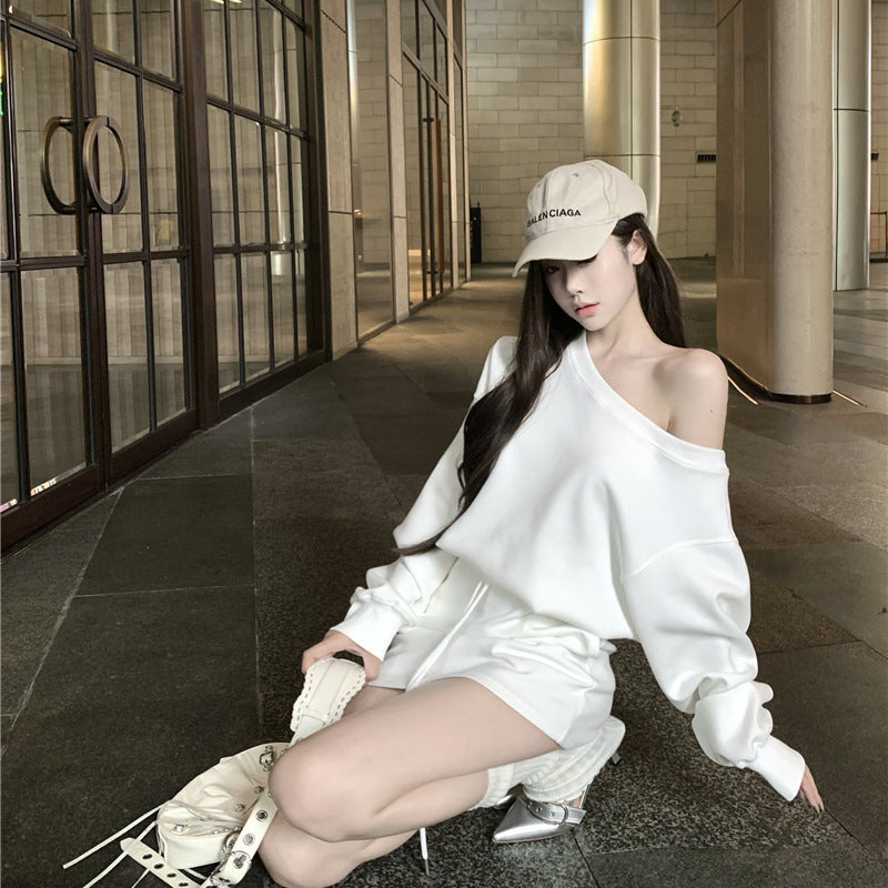 Loose Fitting Casual Off-shoulder Long Sleeve Top And Pleated Midi Skirt Set