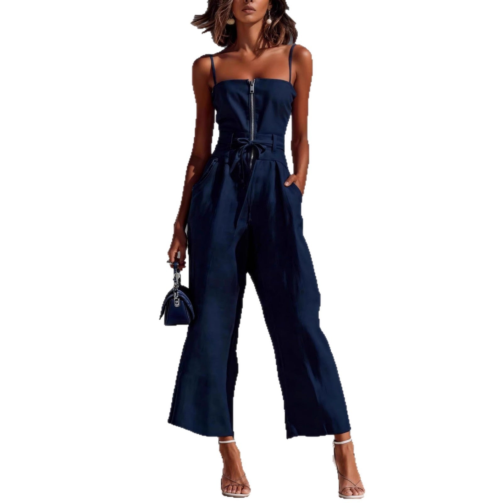 Strapless Sleeveless Lace-up Womens Jumpsuit With Wide-leg Trousers