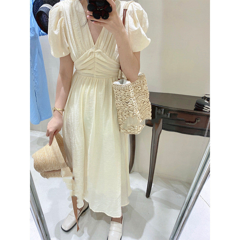 French V-Neck Retro Waisted Solid Color High Waist Dress