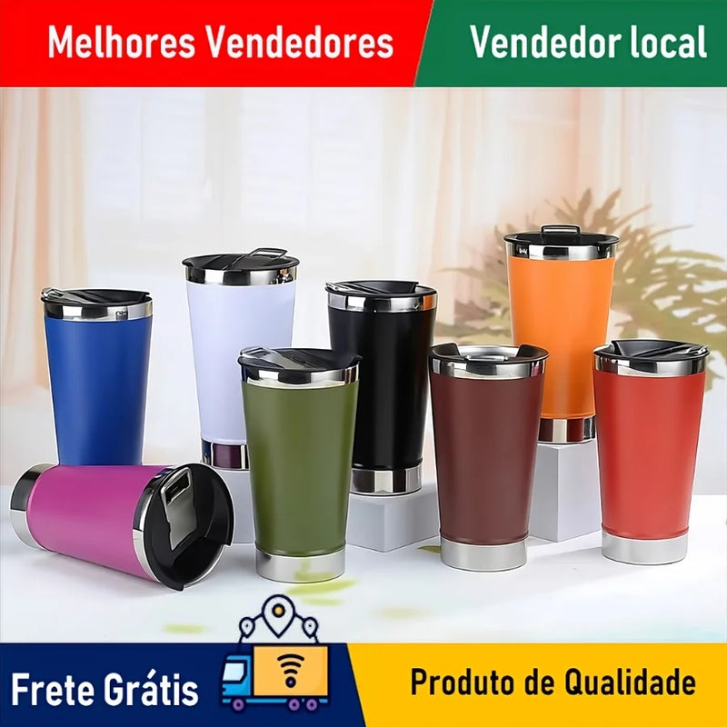 SKYTUR Copo Térmico Aço Inox 473ml + Tampa E Abridor Para Cerveja Suco Refrigerante Temperatura Quente e Gelado - ENVIO RAPIDO