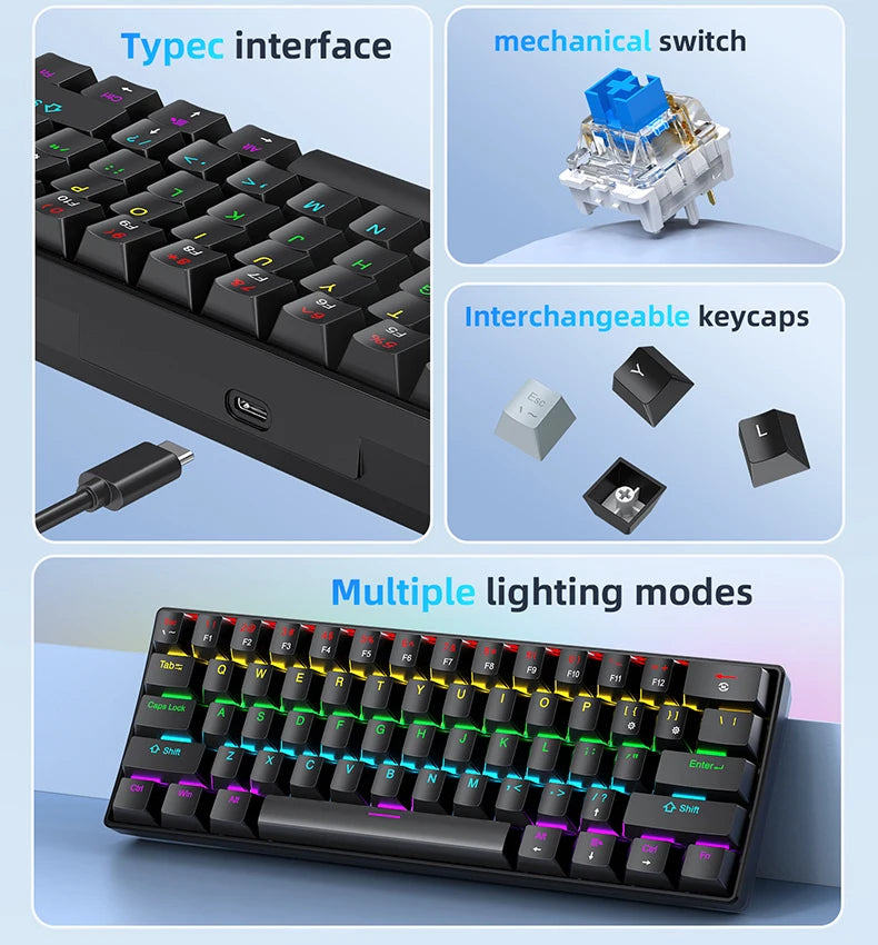 60% mini teclado mecânico com fio portátil, mini teclado APAYADO K61 com fio, 61 teclas Phantom RGB, preto, branco, vermelho, vermelho/azul interruptor
