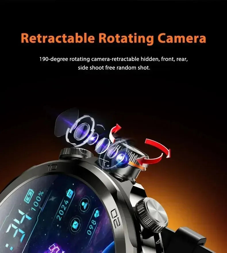 Novo relógio inteligente 5G LTE 190 °   Inserção de câmera rotativa Cartão Sim Google Play Store App Download GPS WIFI Frequência Cardíaca Android Smartwatch