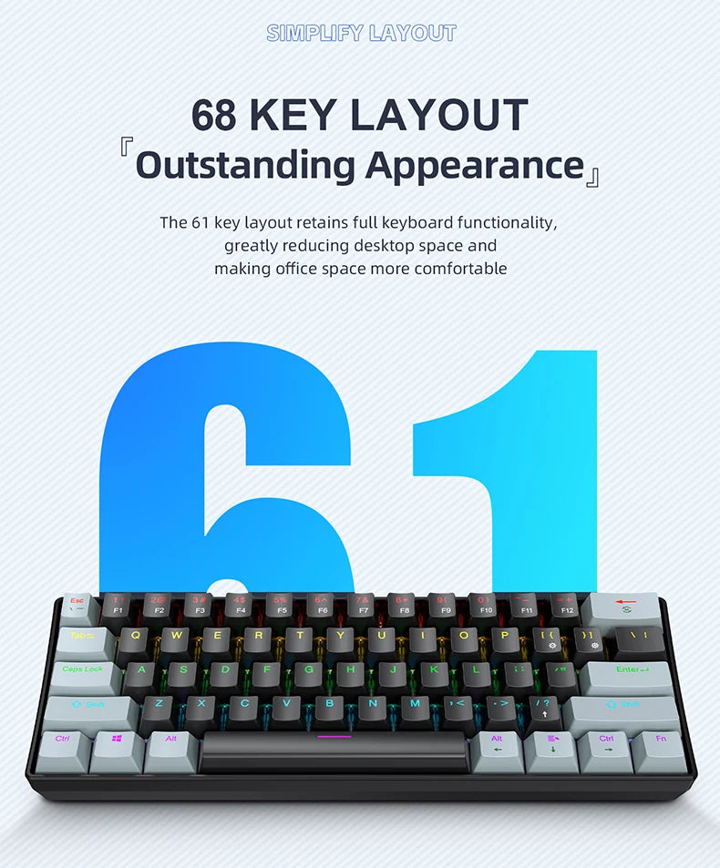 60% mini teclado mecânico com fio portátil, mini teclado APAYADO K61 com fio, 61 teclas Phantom RGB, preto, branco, vermelho, vermelho/azul interruptor