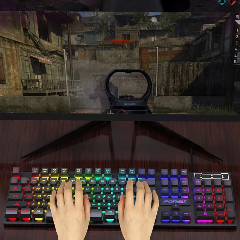 Teclado mecânico retroiluminado com 104 teclas, teclado para jogos com fio, à prova d'água, luminoso, conjunto de teclado e mouse para gamer, pc, laptop, escritório