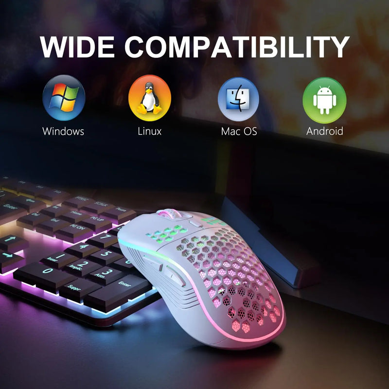 Mouse de carregamento com iluminação RGB sem fio 2.4G com DPI ajustável e ergonômico com design em favo de mel para laptop de mesa