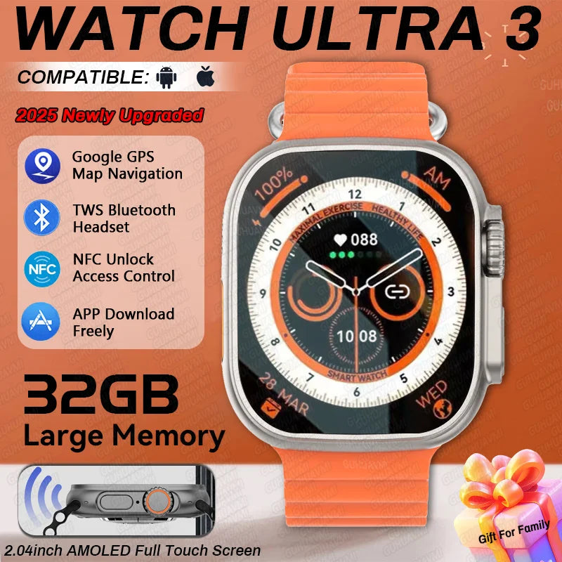 Novo dtultra 3 smartwatch 2.01 "tela amoled 32gb mp3 player bluetooth rede compartilhamento app loja inteligente ai relógio masculino 2025 original