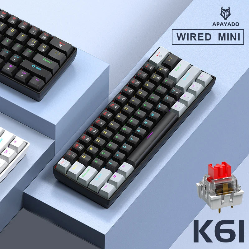 60% mini teclado mecânico com fio portátil, mini teclado APAYADO K61 com fio, 61 teclas Phantom RGB, preto, branco, vermelho, vermelho/azul interruptor