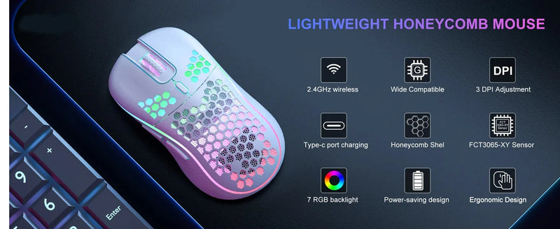 Mouse de carregamento com iluminação RGB sem fio 2.4G com DPI ajustável e ergonômico com design em favo de mel para laptop de mesa
