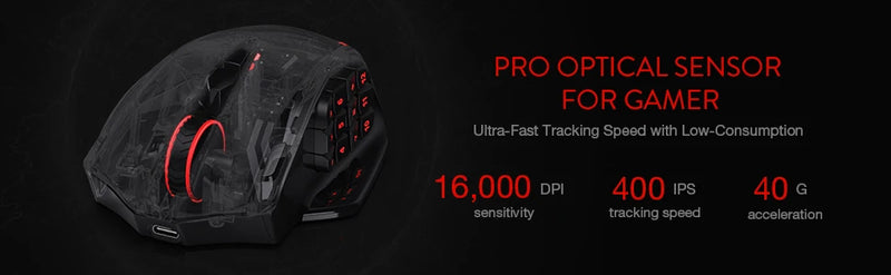 Redragon M913 Gaming 16000 DPI com fio 2,4 Ghz sem fio RGB mouse óptico para jogadores 16 botões programáveis, mouse preto/branco