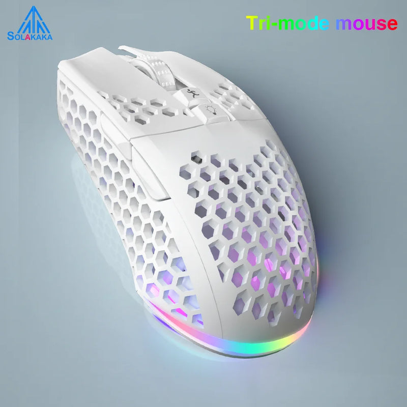 Soliaka mouse para jogos e-sports, sem fio/com fio, ultraleve, favo de mel, rgb, retroiluminado, ajustável, 12800dpi, ergonômico, gamer