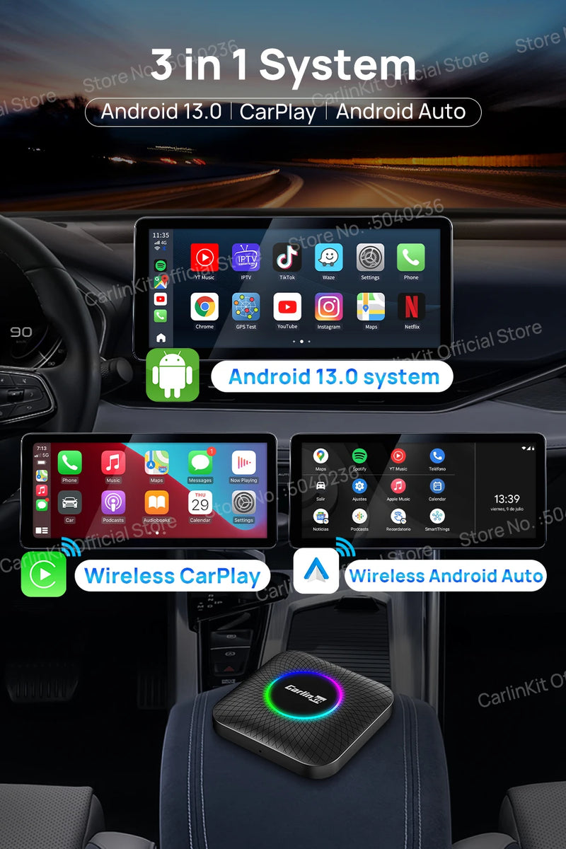 Android Auto Wireless Android 13.0 TV Box CarlinKit Portátil CarPlay AI Box Wireless CarPlay Suporte para reprodução de vídeo para Netflix YouTube Volkswagen Audi Golf Mercedes Benz Ford Fiat Toyota etc.