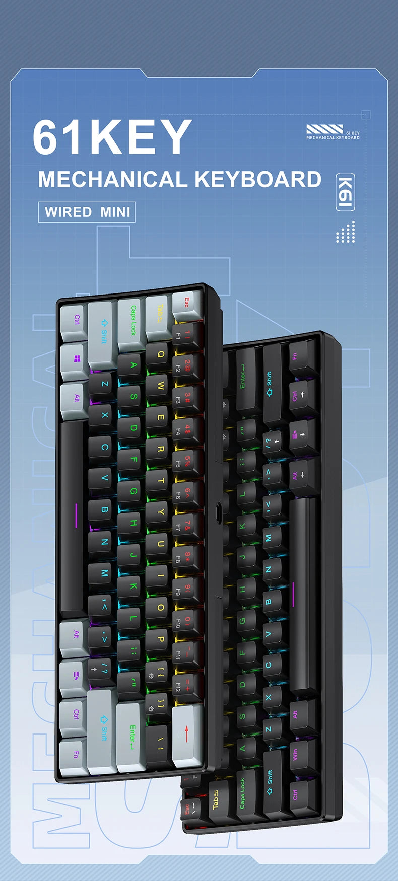 60% mini teclado mecânico com fio portátil, mini teclado APAYADO K61 com fio, 61 teclas Phantom RGB, preto, branco, vermelho, vermelho/azul interruptor