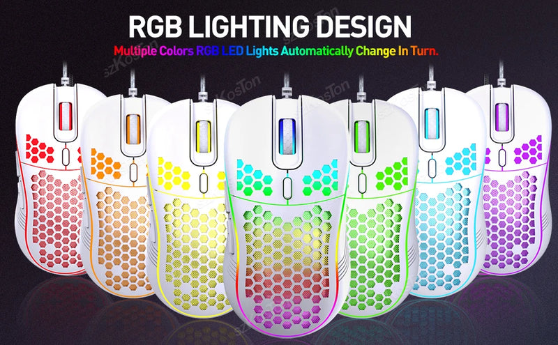 Rato de jogo com fio em favo de mel RGB Backlight 7200 DPI ajustável Ergonômico USB Ratos de computador para Windows PC e jogadores de laptop