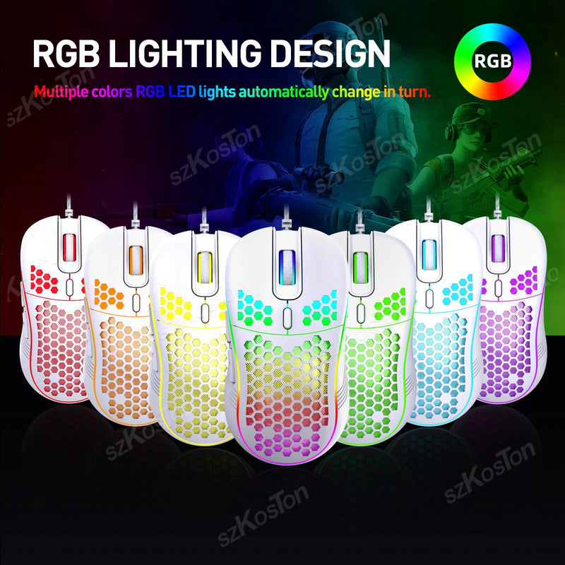 Rato de jogo com fio em favo de mel RGB Backlight 7200 DPI ajustável Ergonômico USB Ratos de computador para Windows PC e jogadores de laptop