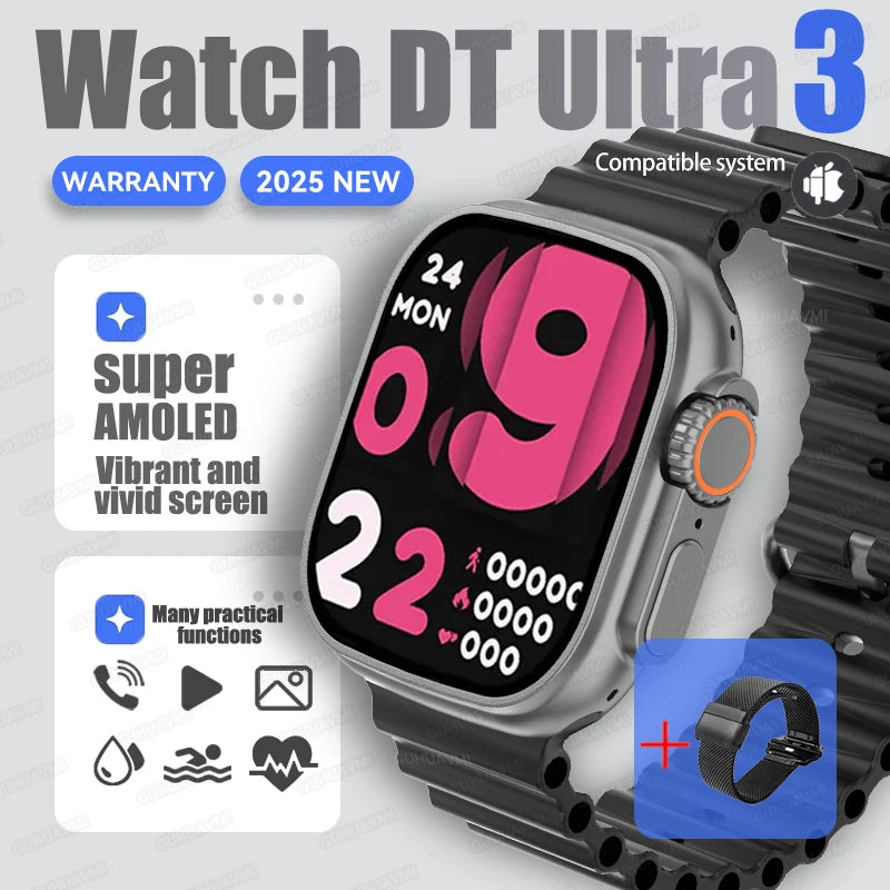 Dt ultra 3 smartwatch tela amoled 4gb mp3 mp4 player bluetooth rede compartilhamento app loja chatgpt inteligente ai relógio masculino sportwatch