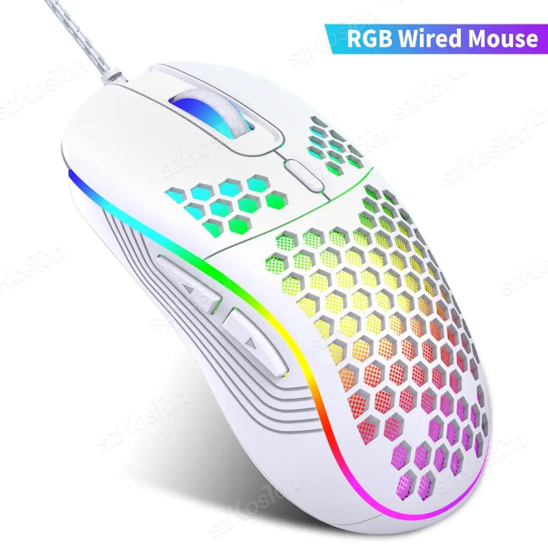 Rato de jogo com fio em favo de mel RGB Backlight 7200 DPI ajustável Ergonômico USB Ratos de computador para Windows PC e jogadores de laptop