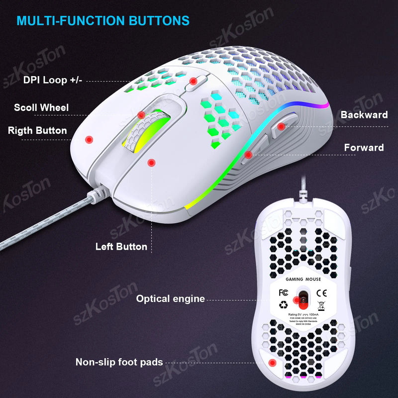Rato de jogo com fio em favo de mel RGB Backlight 7200 DPI ajustável Ergonômico USB Ratos de computador para Windows PC e jogadores de laptop