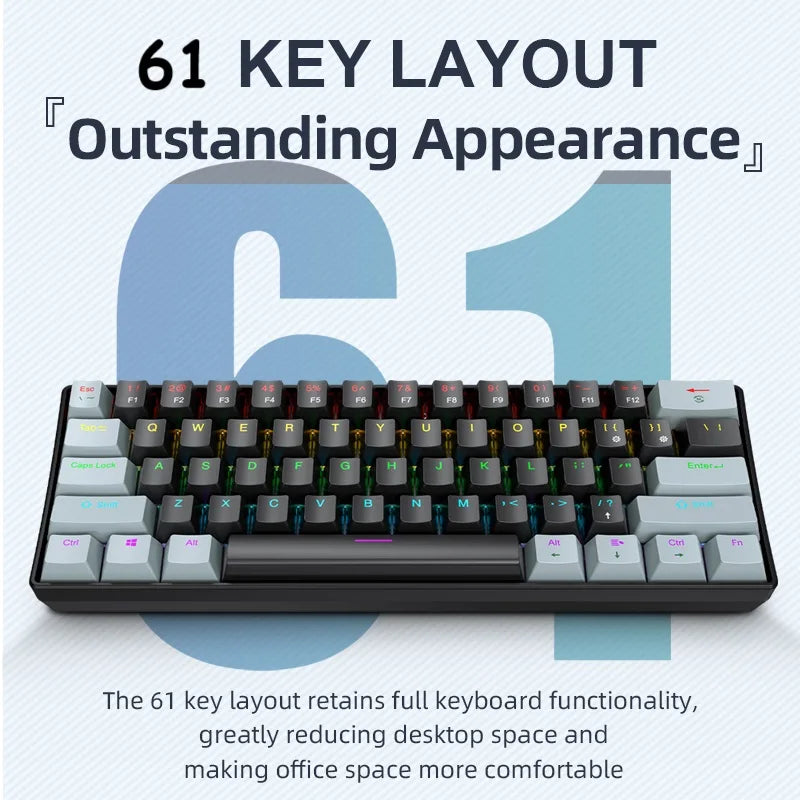 60% mini teclado mecânico com fio portátil, mini teclado APAYADO K61 com fio, 61 teclas Phantom RGB, preto, branco, vermelho, vermelho/azul interruptor