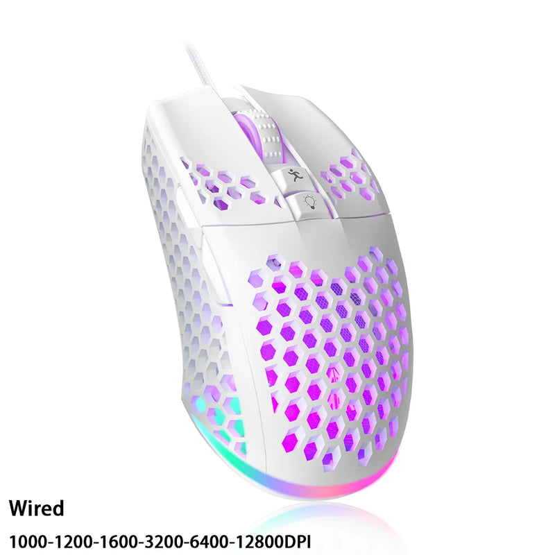 Soliaka mouse para jogos e-sports, sem fio/com fio, ultraleve, favo de mel, rgb, retroiluminado, ajustável, 12800dpi, ergonômico, gamer