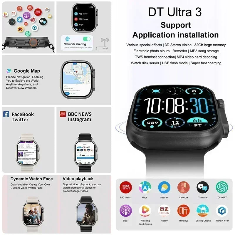 2025 novo original dt ultra 3 relógio inteligente homem 49mm amoled 32g rom chat gpt nfc bússola bt chamada esporte gps pista relógio esportivo feminino