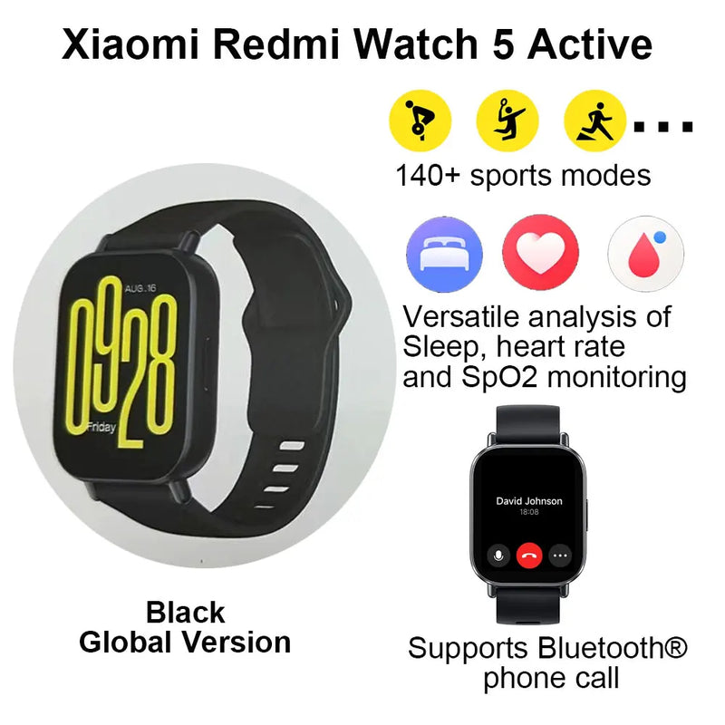 Xiaomi redmi relógio 5 ativo relógio inteligente bluetooth 5.3 oxigênio no sangue freqüência cardíaca suporta chamadas de voz bluetooth 2 "display lcd