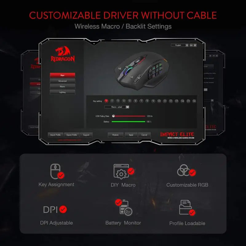 Redragon M913 Gaming 16000 DPI com fio 2,4 Ghz sem fio RGB mouse óptico para jogadores 16 botões programáveis, mouse preto/branco