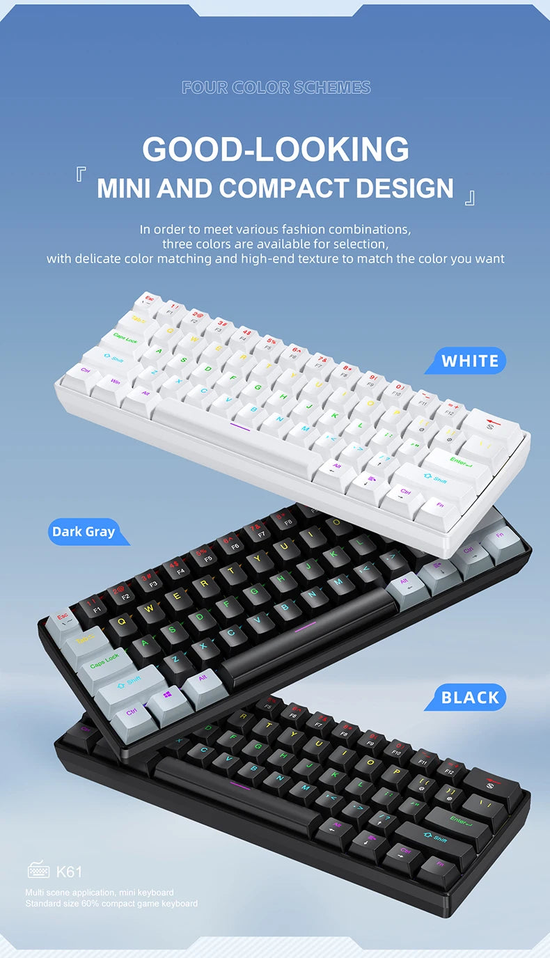 60% mini teclado mecânico com fio portátil, mini teclado APAYADO K61 com fio, 61 teclas Phantom RGB, preto, branco, vermelho, vermelho/azul interruptor
