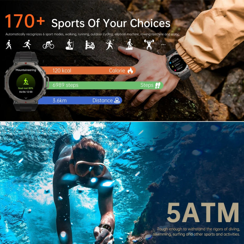 2025 novo relógio inteligente militar embutido gps bússola barométrica altímetro 5atm à prova dwaterproof água esporte smartwatch masculino chamada bluetooth