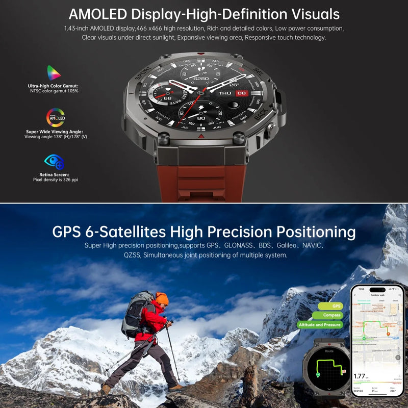 2025 novo relógio inteligente militar embutido gps bússola barométrica altímetro 5atm à prova dwaterproof água esporte smartwatch masculino chamada bluetooth