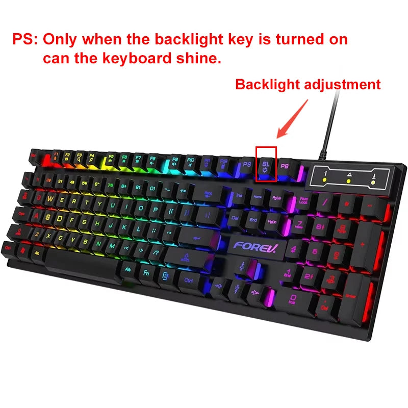 Teclado mecânico retroiluminado com 104 teclas, teclado para jogos com fio, à prova d'água, luminoso, conjunto de teclado e mouse para gamer, pc, laptop, escritório