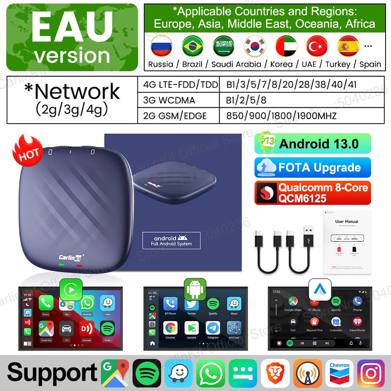 Android Auto Wireless Android 13.0 TV Box CarlinKit Portátil CarPlay AI Box Wireless CarPlay Suporte para reprodução de vídeo para Netflix YouTube Volkswagen Audi Golf Mercedes Benz Ford Fiat Toyota etc.