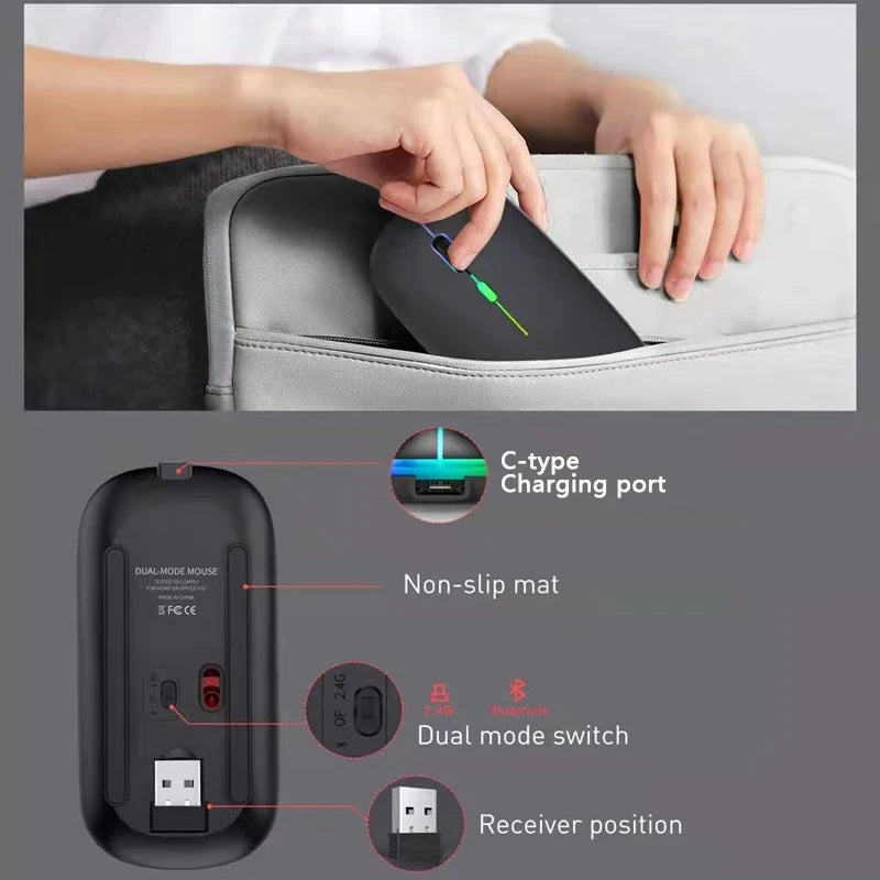 Mouse sem fio Bluetooth e 2,4 GHz modos duplos recarregável RGB ergonômico silencioso clique para PC iPad laptop celular TV