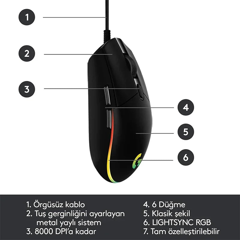 Logitech g102 mouse usb com fio mouse para jogos 8000 dpi tela de efeito óptico arco-íris para computador pc/mac e laptop