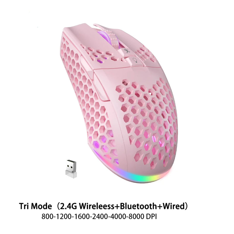 Soliaka mouse para jogos e-sports, sem fio/com fio, ultraleve, favo de mel, rgb, retroiluminado, ajustável, 12800dpi, ergonômico, gamer