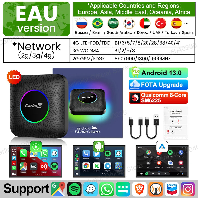 Android Auto Wireless Android 13.0 TV Box CarlinKit Portátil CarPlay AI Box Wireless CarPlay Suporte para reprodução de vídeo para Netflix YouTube Volkswagen Audi Golf Mercedes Benz Ford Fiat Toyota etc.