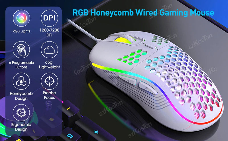 Rato de jogo com fio em favo de mel RGB Backlight 7200 DPI ajustável Ergonômico USB Ratos de computador para Windows PC e jogadores de laptop