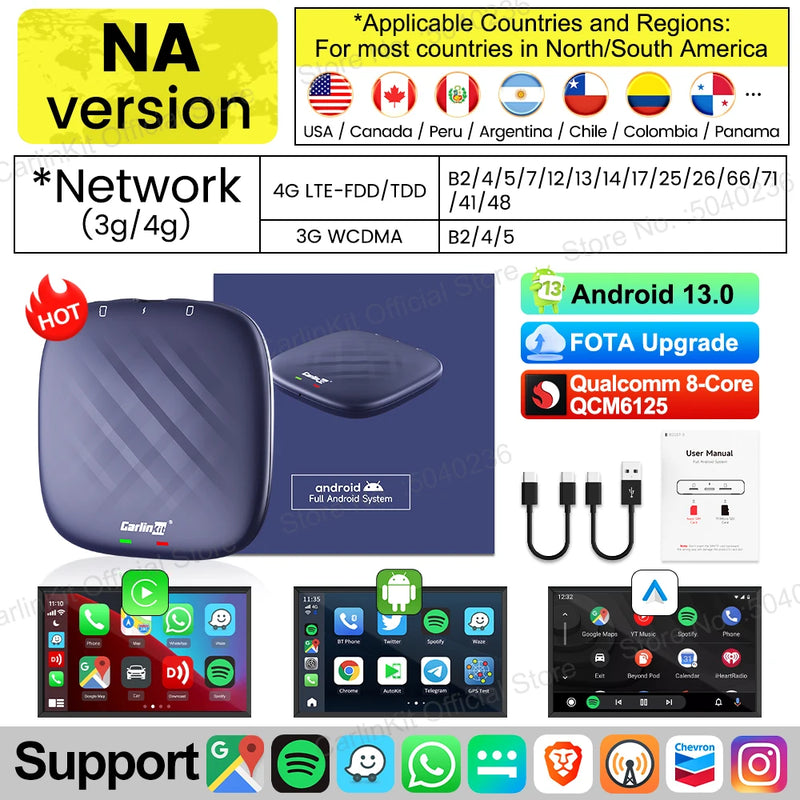 Android Auto Wireless Android 13.0 TV Box CarlinKit Portátil CarPlay AI Box Wireless CarPlay Suporte para reprodução de vídeo para Netflix YouTube Volkswagen Audi Golf Mercedes Benz Ford Fiat Toyota etc.