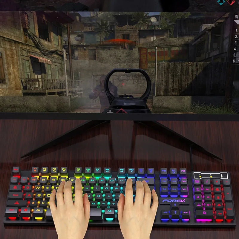 Teclado mecânico retroiluminado com 104 teclas, teclado para jogos com fio, à prova d'água, luminoso, conjunto de teclado e mouse para gamer, pc, laptop, escritório
