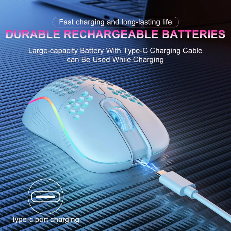 Mouse de carregamento com iluminação RGB sem fio 2.4G com DPI ajustável e ergonômico com design em favo de mel para laptop de mesa