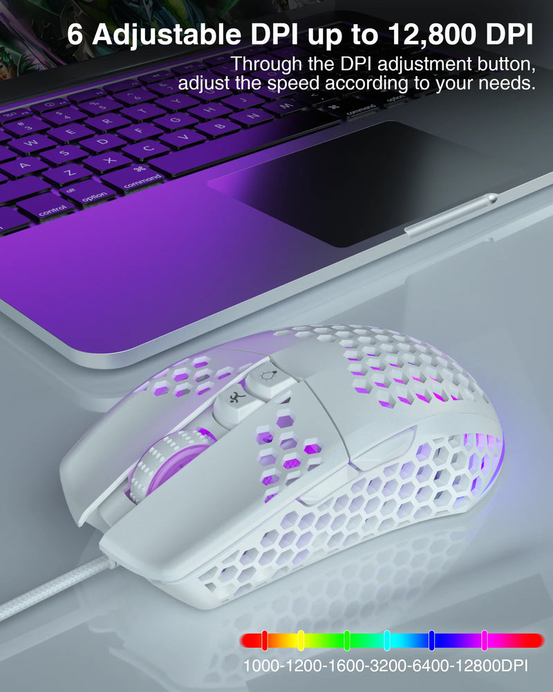 Soliaka mouse para jogos e-sports, sem fio/com fio, ultraleve, favo de mel, rgb, retroiluminado, ajustável, 12800dpi, ergonômico, gamer