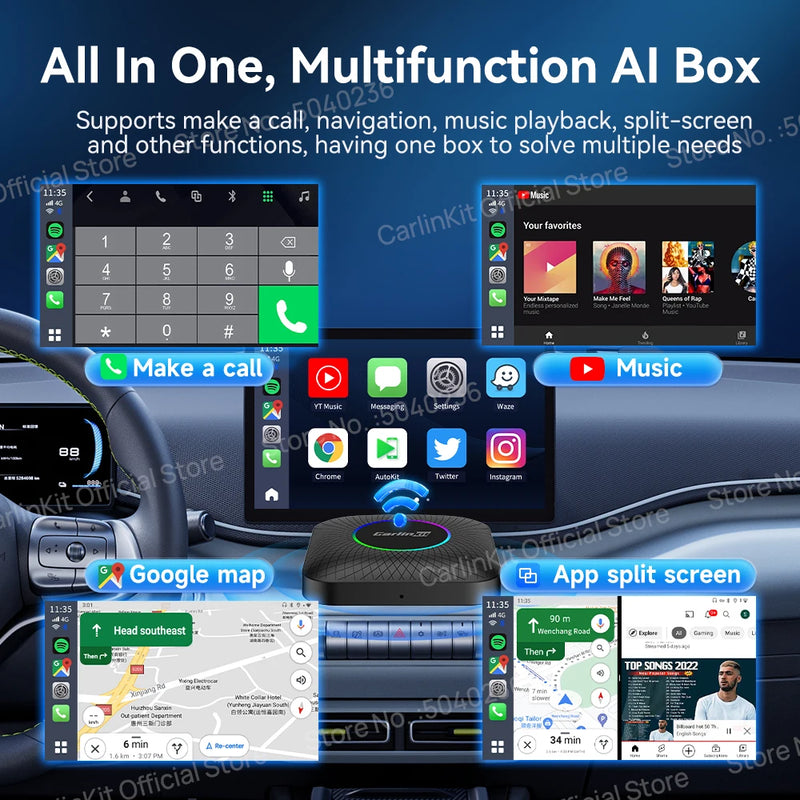 Android Auto Wireless Android 13.0 TV Box CarlinKit Portátil CarPlay AI Box Wireless CarPlay Suporte para reprodução de vídeo para Netflix YouTube Volkswagen Audi Golf Mercedes Benz Ford Fiat Toyota etc.